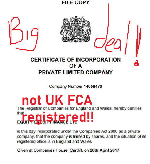 equity credit finance not fca registered